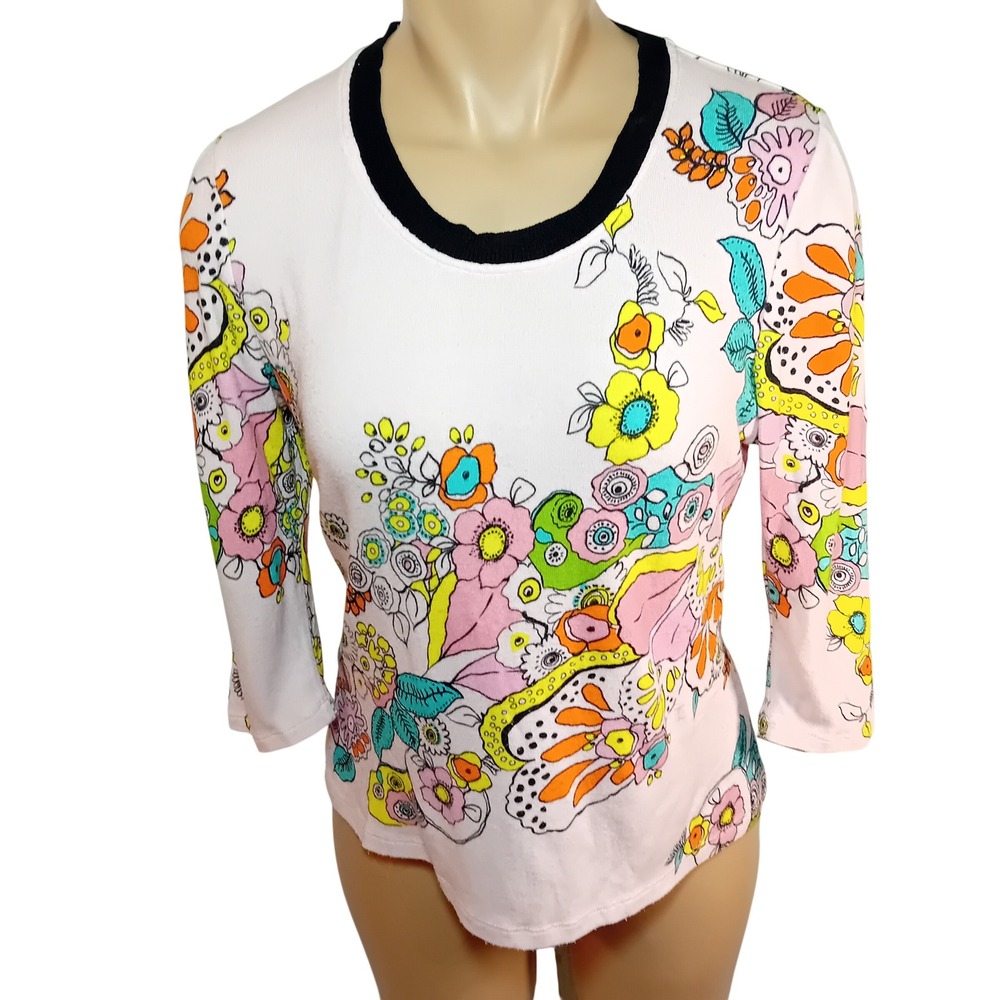 Y2K Vintage Tricot Chic Floral Groovy Paisley Print 3/4 Sleeve Top 70s Style 8